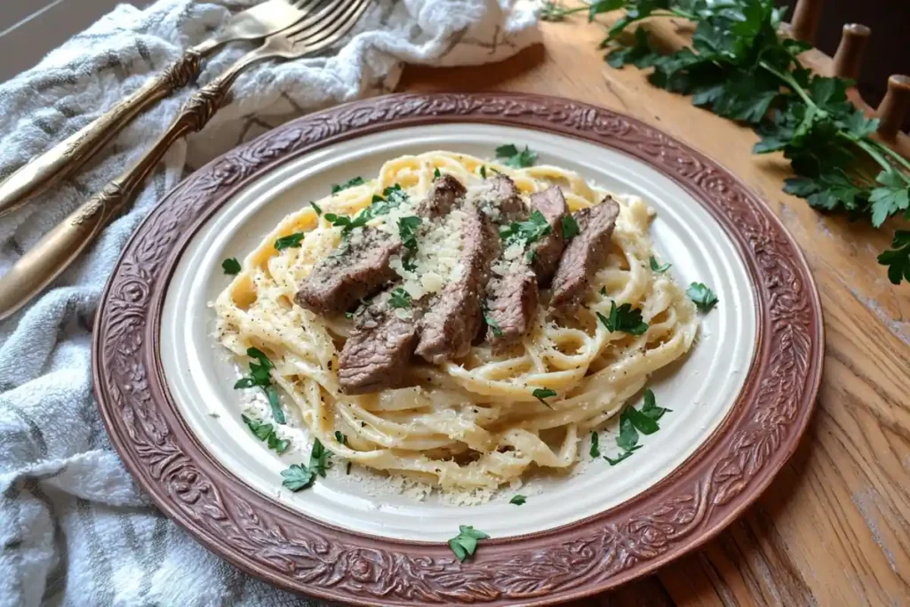 Creamy steak pasta garnished with chopped parsley and Parmesan, served with a vintage fork and towel in a red-bordered frame.