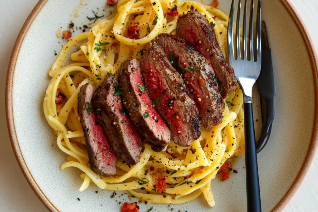 Stylishly plated steakandpasta dish with utensils placed on the side.