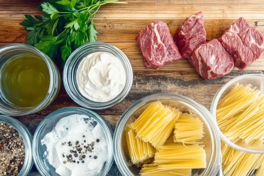 Ingredients for steakandpasta, including fresh herbs and uncooked steak, laid out on a surface