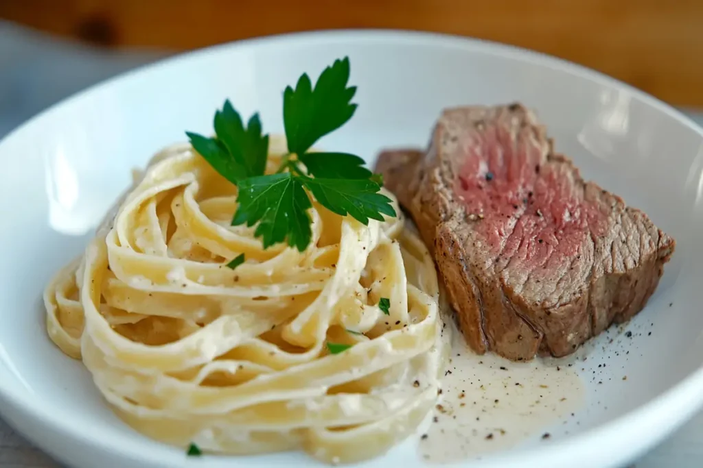 Medium-rare steak served with creamy fettuccine Alfredo pasta garnished with fresh parsley on a white plate.