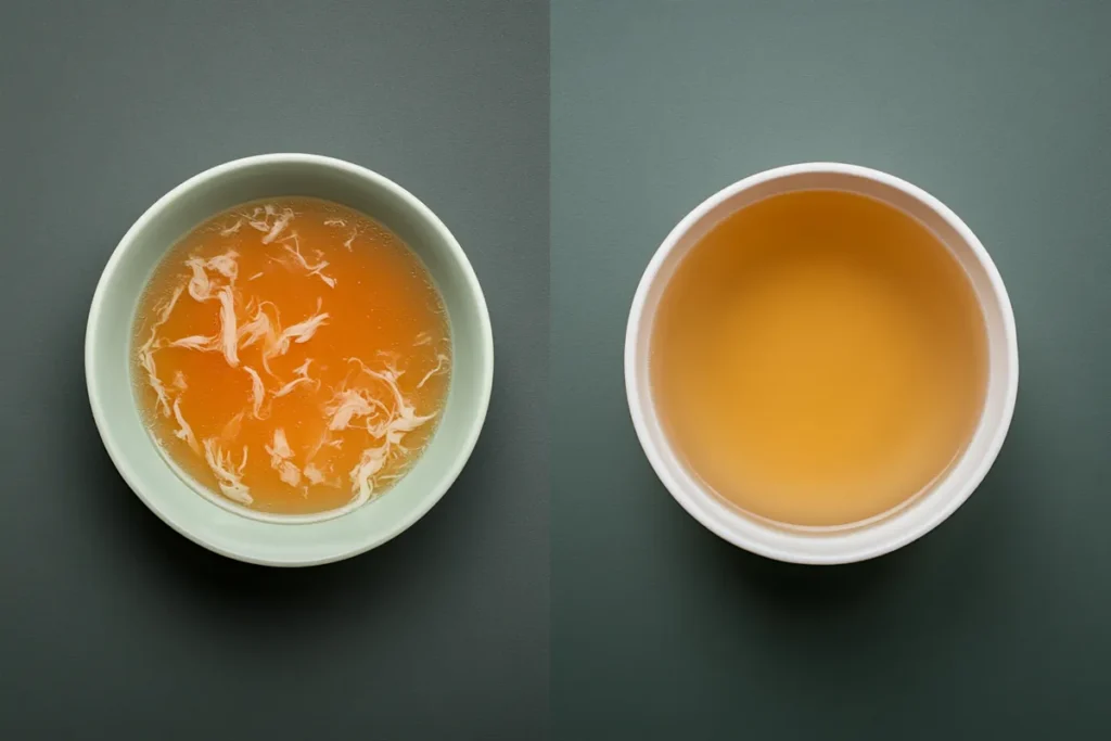 Two bowls of broth, one with rich chicken stock and  cup of chicken broth, are shown side by side.