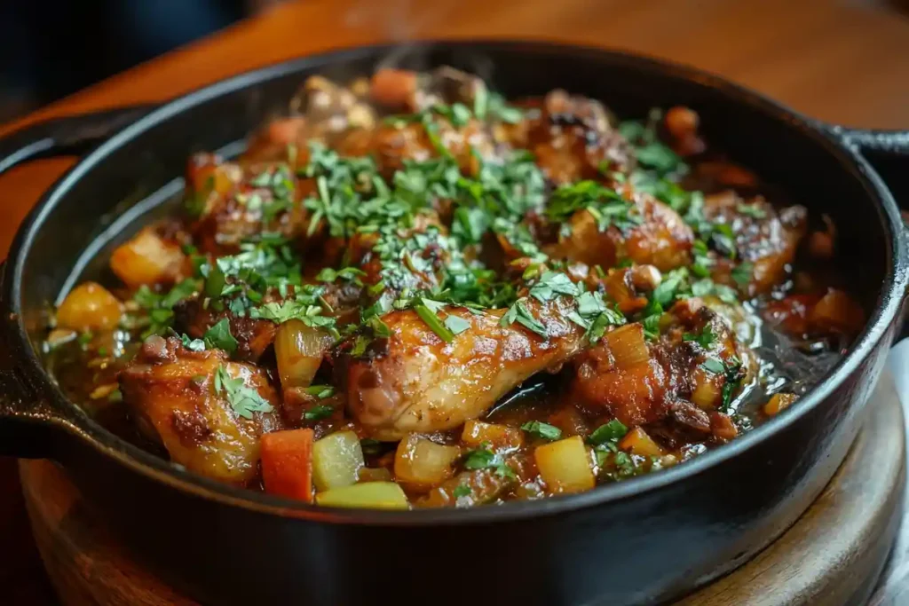 Is chicken stock or broth better for dressing: A cast iron skillet filled with braised chicken and vegetables, topped with fresh herbs.