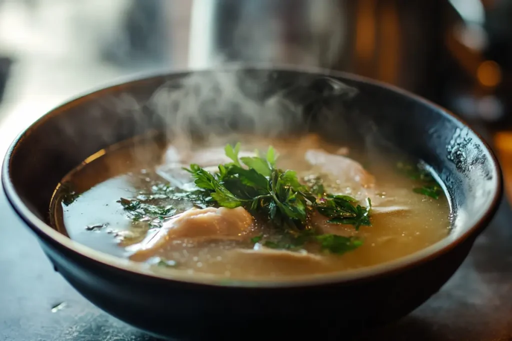 A steaming bowl of broth with dumplings and fresh herbs.