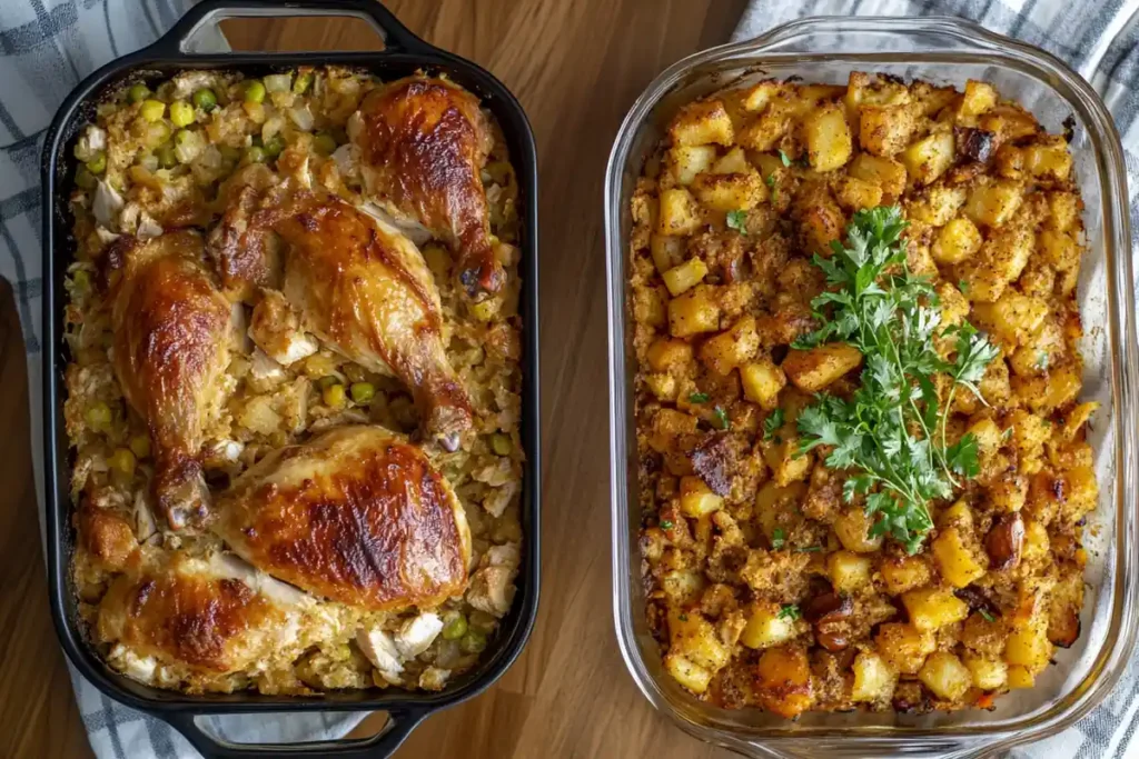 Is chicken stock or broth better for dressing: Two baking dishes, one with roasted chicken and stuffing, and the other with seasoned roasted potatoes.