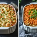 Two casserole dishes, one with a creamy chicken filling and the other with a crispy, crunchy topping.