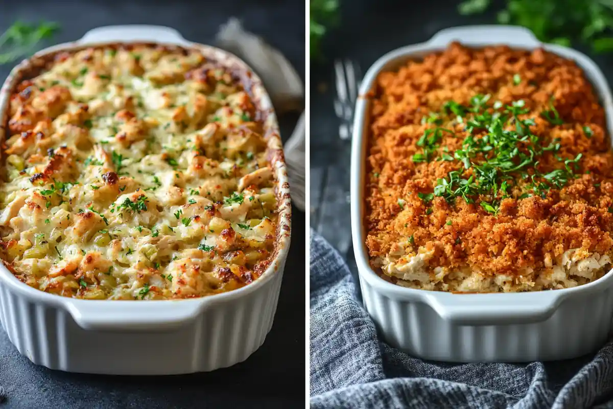 Two casserole dishes, one with a creamy chicken filling and the other with a crispy, crunchy topping.