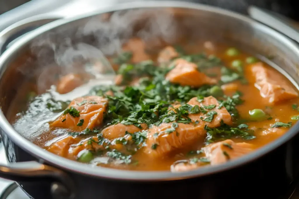 A steaming pot of salmon stew with chunks of tender salmon, peas, and fresh herbs, releasing aromatic steam.