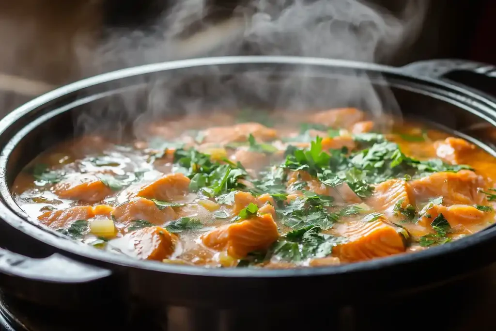 A steaming pot of salmon stew garnished with fresh herbs, ready to serve.