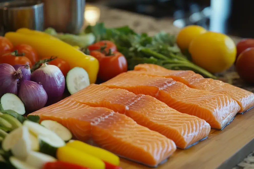 Fresh salmon fillets alongside vibrant vegetables on a kitchen counter.