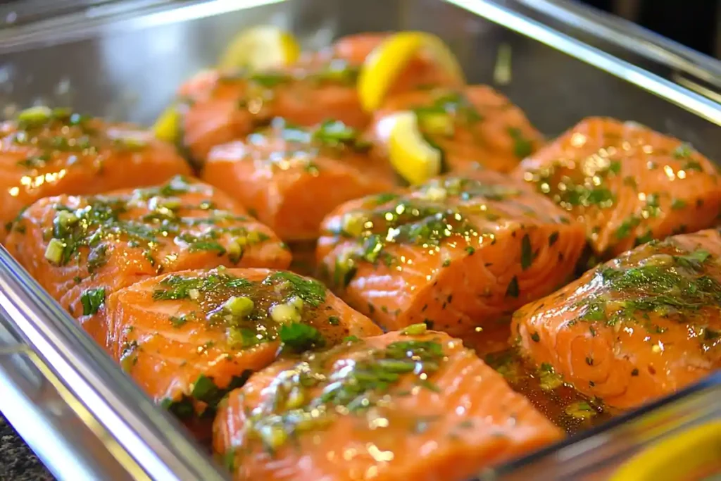 Fresh salmon fillets marinated with lemon slices and fresh herbs.