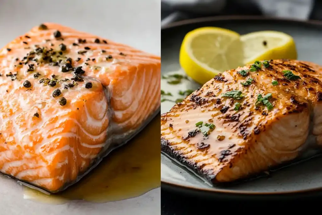 A side-by-side comparison of overcooked and perfectly cooked salmon fillets.