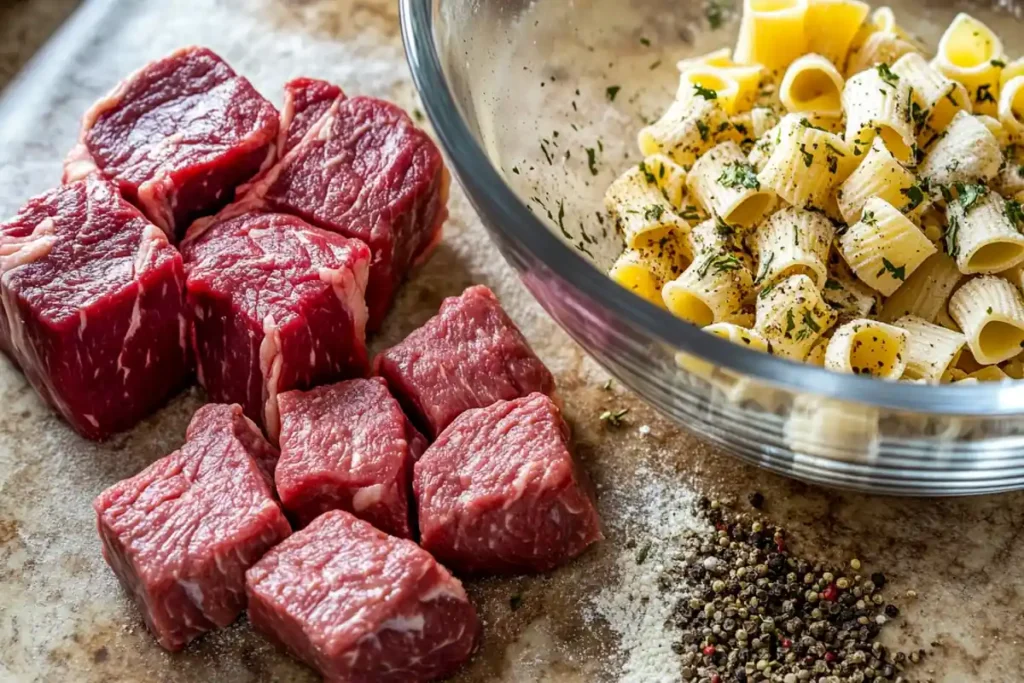 Flat lay of raw steak cuts, uncooked pasta, fresh herbs, and spices on a rustic kitchen counter