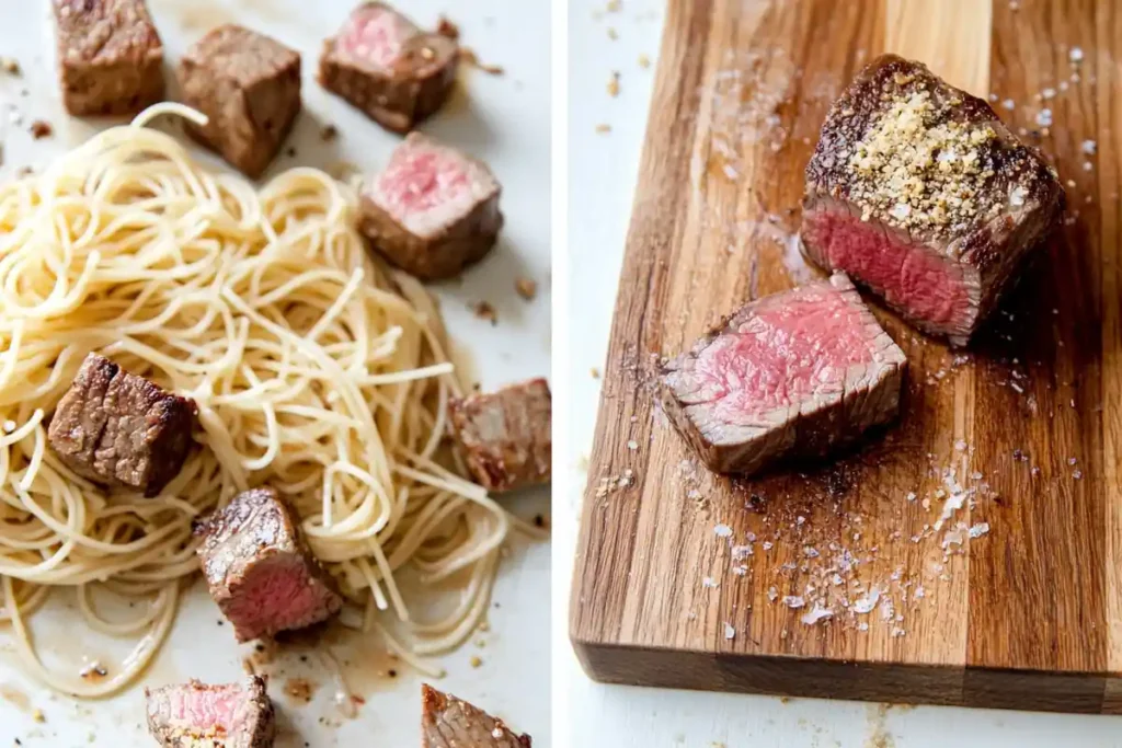 Step-by-step visuals of cooking steak and pasta: seasoning, searing, and plating