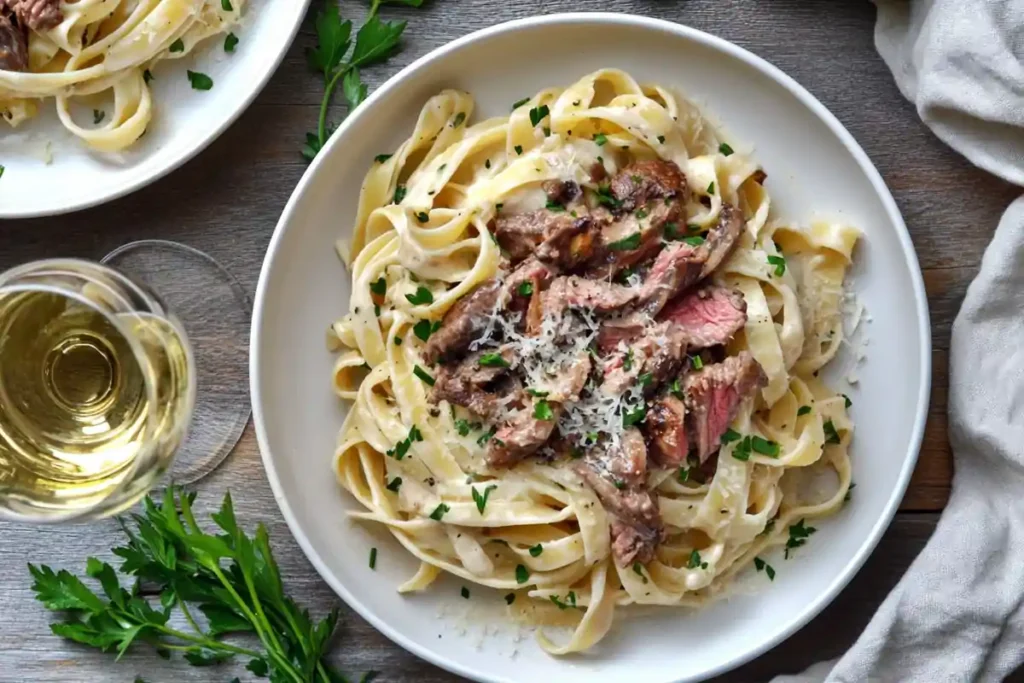 Plate of Creamy Mushroom Steak Pasta topped with Parmesan, styled on a rustic wooden table with a glass of wine and parsley sprigs.