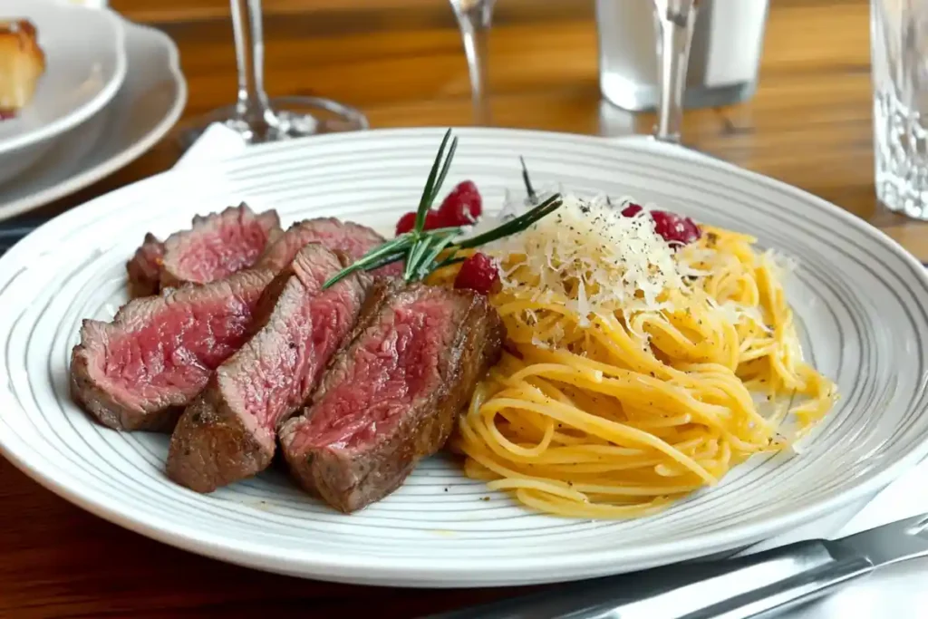 Table featuring a bowl of steak and pasta with glasses of lemon juice.