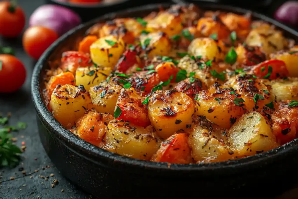 Roasted potatoes and vegetables are served in a cast iron skillet.