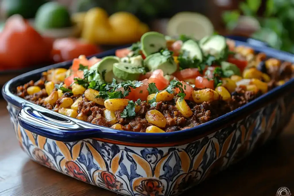 A colorful, patterned casserole dish filled with a taco casserole topped with chopped tomatoes, avocado, and cilantro.