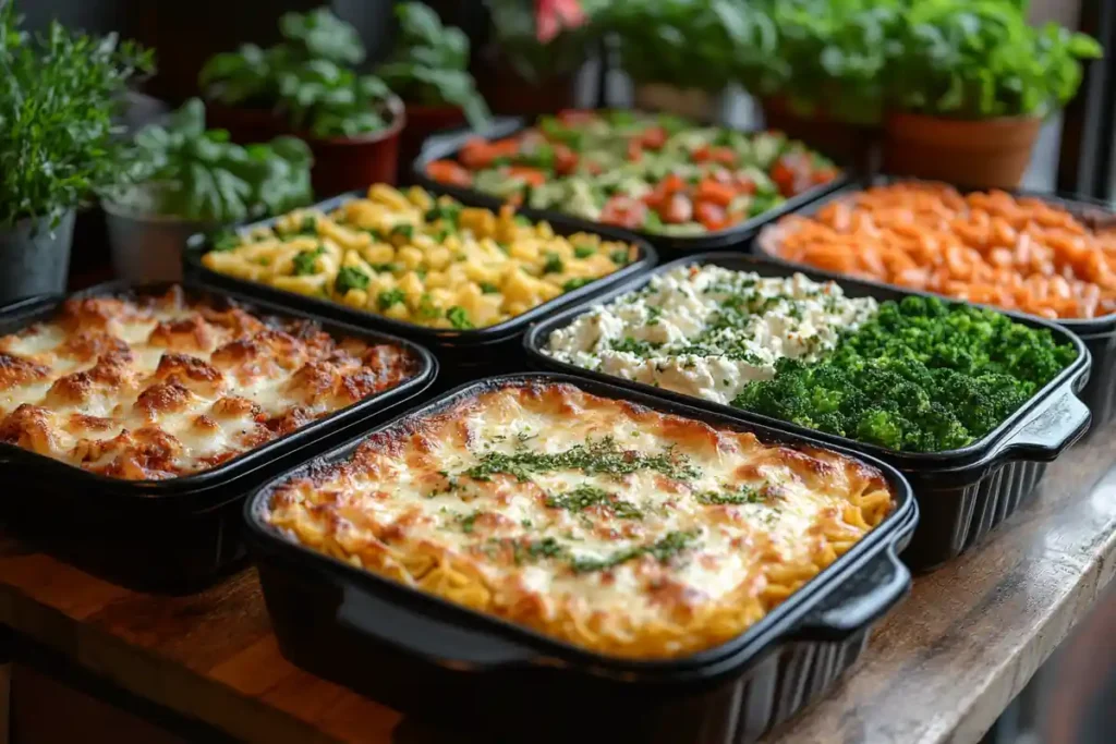 Several black square casserole dishes filled with different pasta and vegetable dishes are arranged on a wooden table.