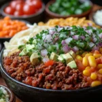 A taco bowl is filled with seasoned ground beef, corn, avocado, red onion, cilantro, and other toppings.