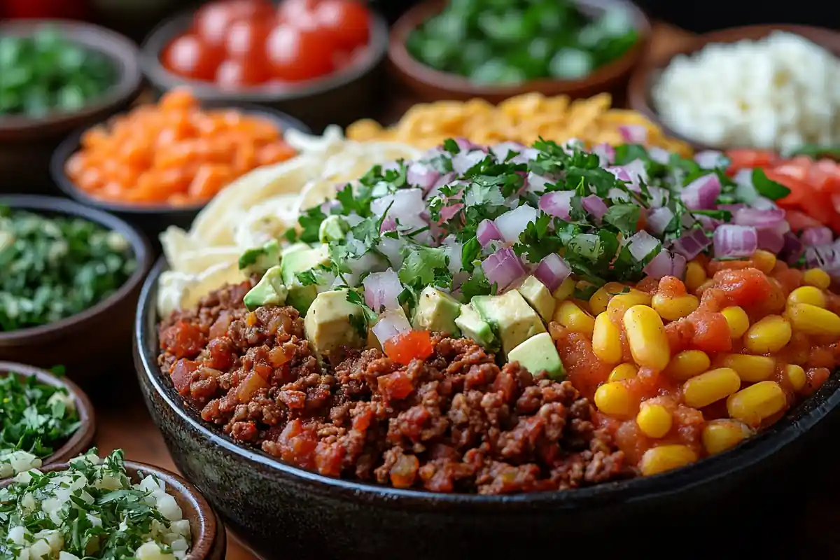 A taco bowl is filled with seasoned ground beef, corn, avocado, red onion, cilantro, and other toppings.