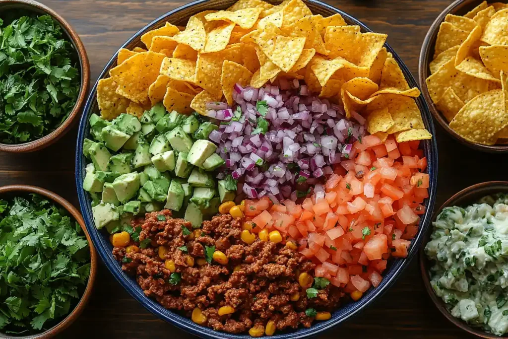 A large bowl is filled with colorful taco salad ingredients including seasoned ground beef, corn, diced tomatoes, red onions, avocado, and tortilla chips.