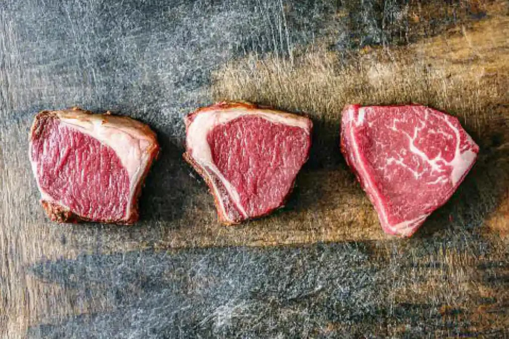 A comparison visual of Ribeye, Filet Mignon, and Top Sirloin cuts with clear labels showing their names and marbling patterns.