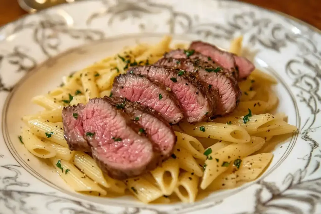 A plated shot of thinly sliced flat iron steak served alongside penne pasta in a creamy garlic herb sauce.