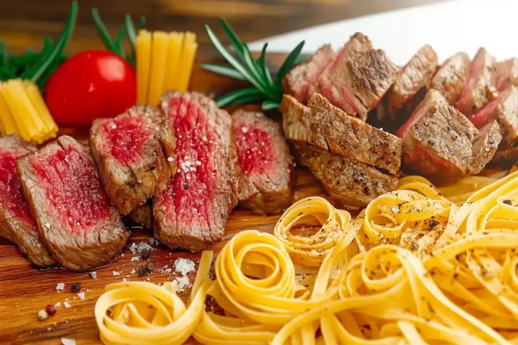 A vibrant spread of various pasta types, sliced steak, and colorful vegetables arranged on a wooden board.