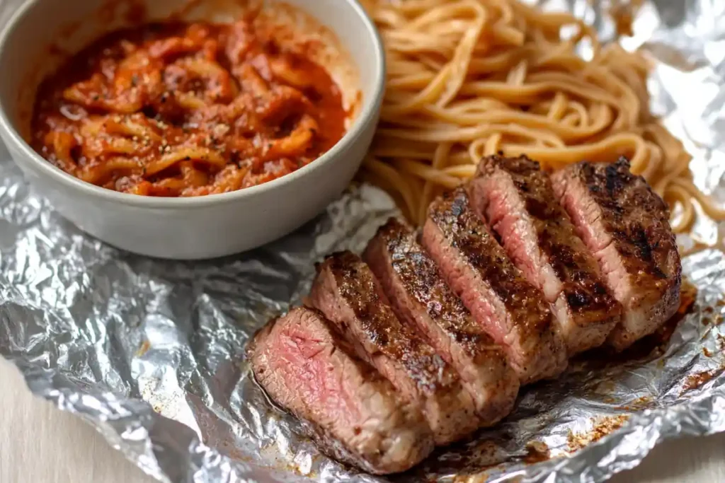 A medium-rare steak resting on aluminum foil beside a bowl of saucy pasta, showcasing a delicious combination.