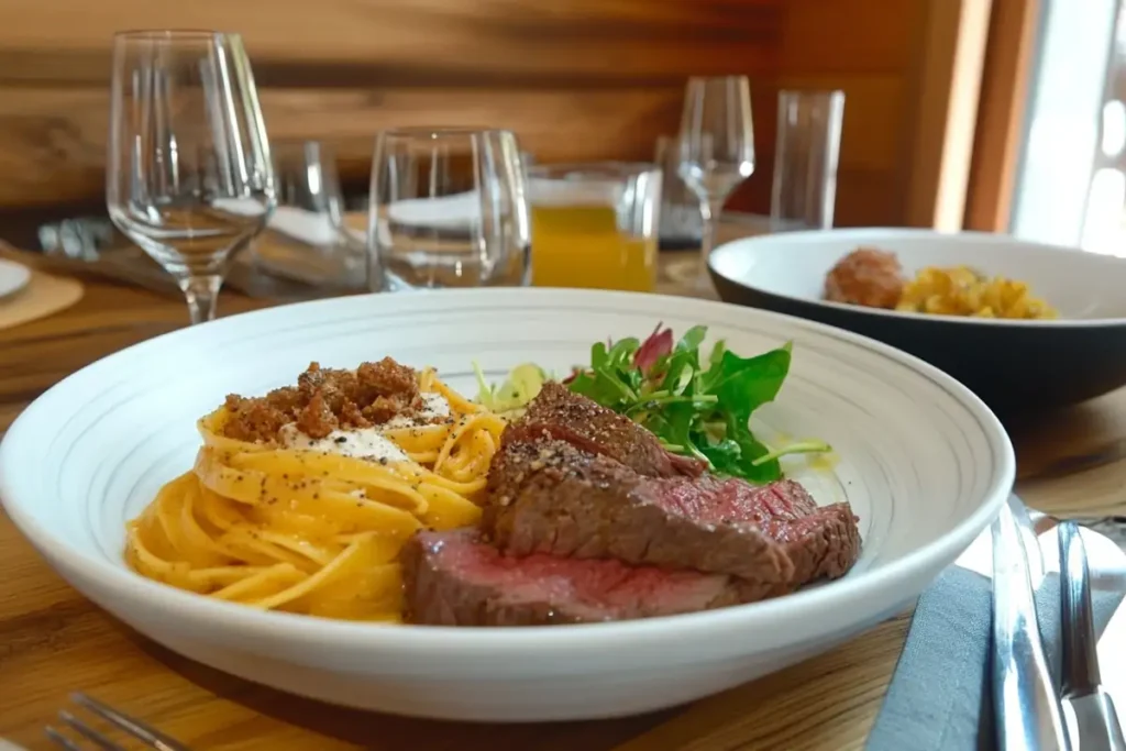 A rustic table setting featuring a plate of steak pasta and a side salad with warm, earthy tones in the background.