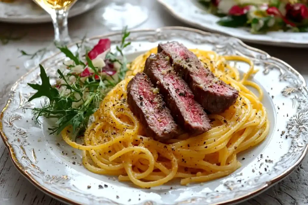 A plate of perfectly cooked spaghetti topped with medium-rare steak slices, garnished with fresh greens, served on an elegant porcelain dish.