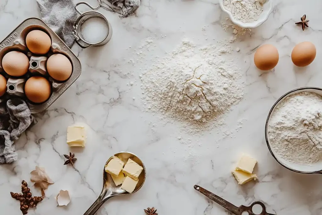 Baking ingredients are arranged on a marble countertop.