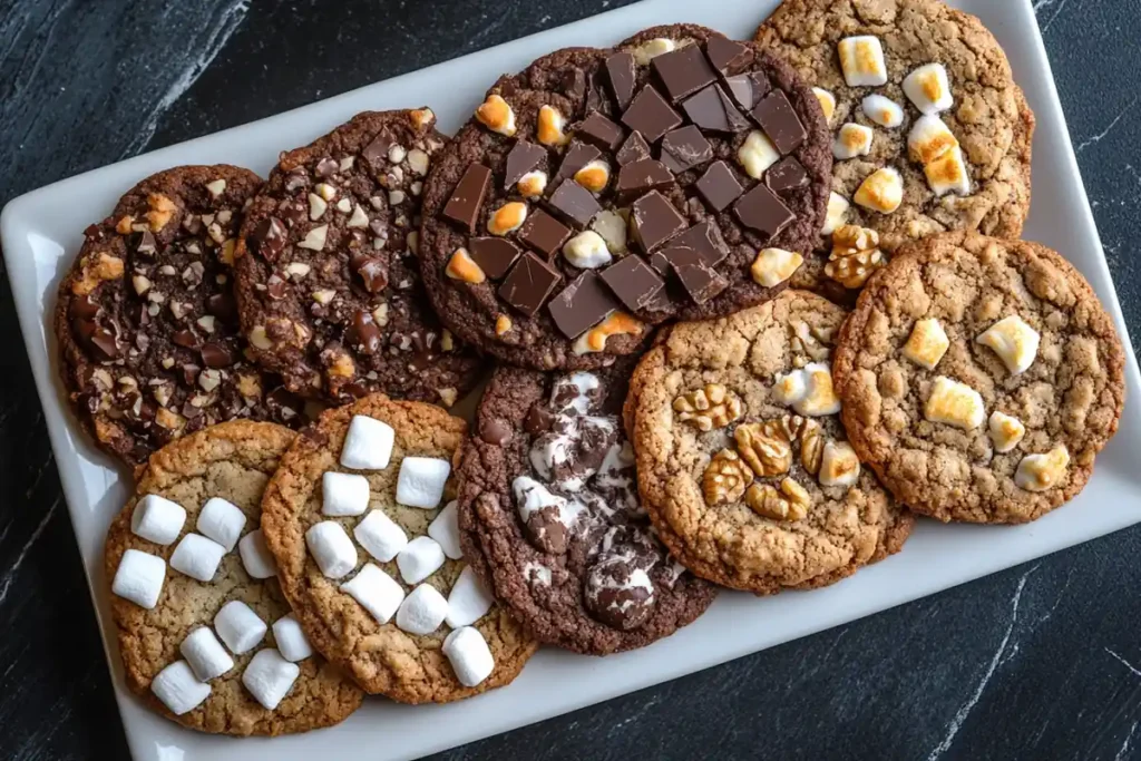 What ingredients are in crumbl cookies: A variety of freshly baked cookies topped with chocolate chunks, marshmallows, nuts, and toffee bits are arranged on a white rectangular plate.