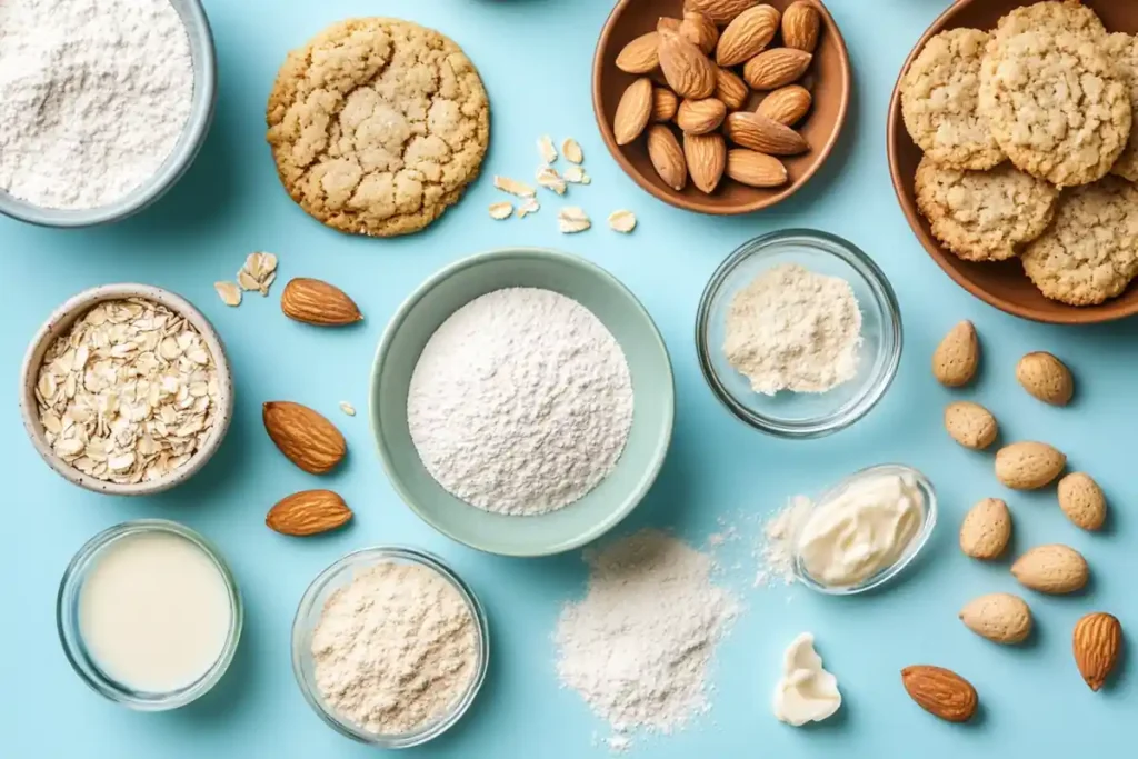 A flat lay of baking ingredients crumbl cookies including flour, oats, almonds, and cookies arranged on a light blue surface.