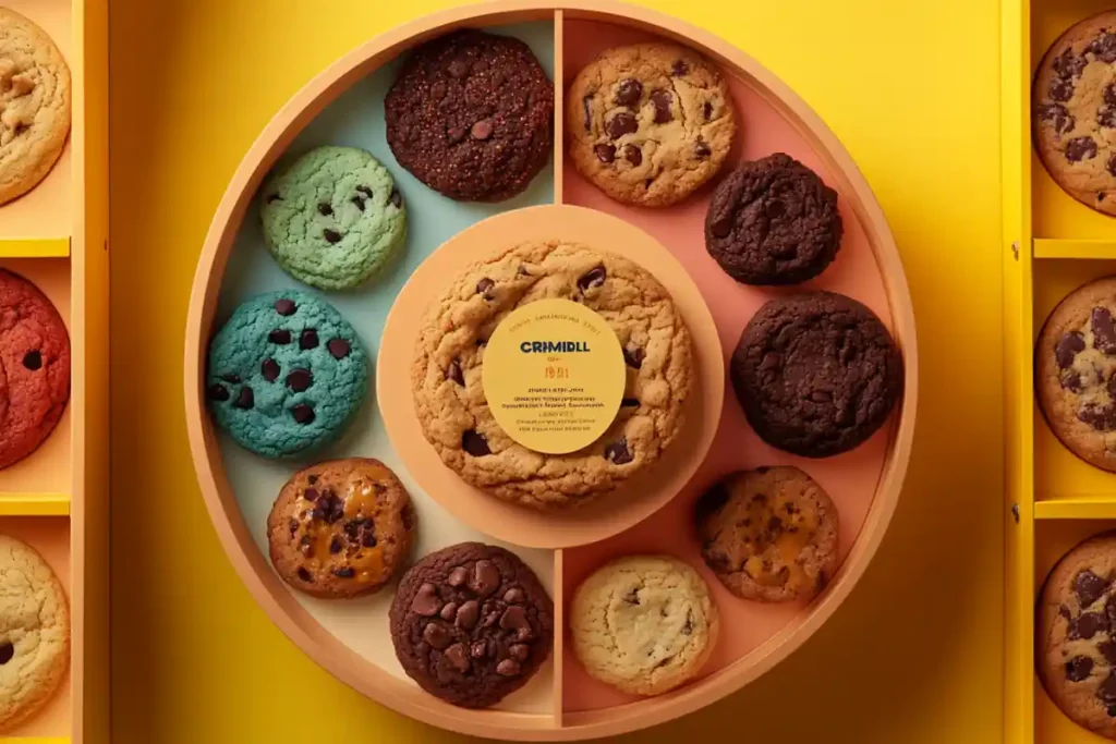 A colorful assortment of cookies arranged in a circular tray with a yellow background.