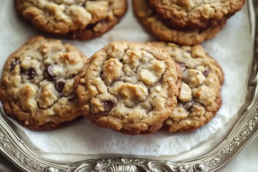 Several macadamia nut and chocolate chip cookies sit on a silver tray.