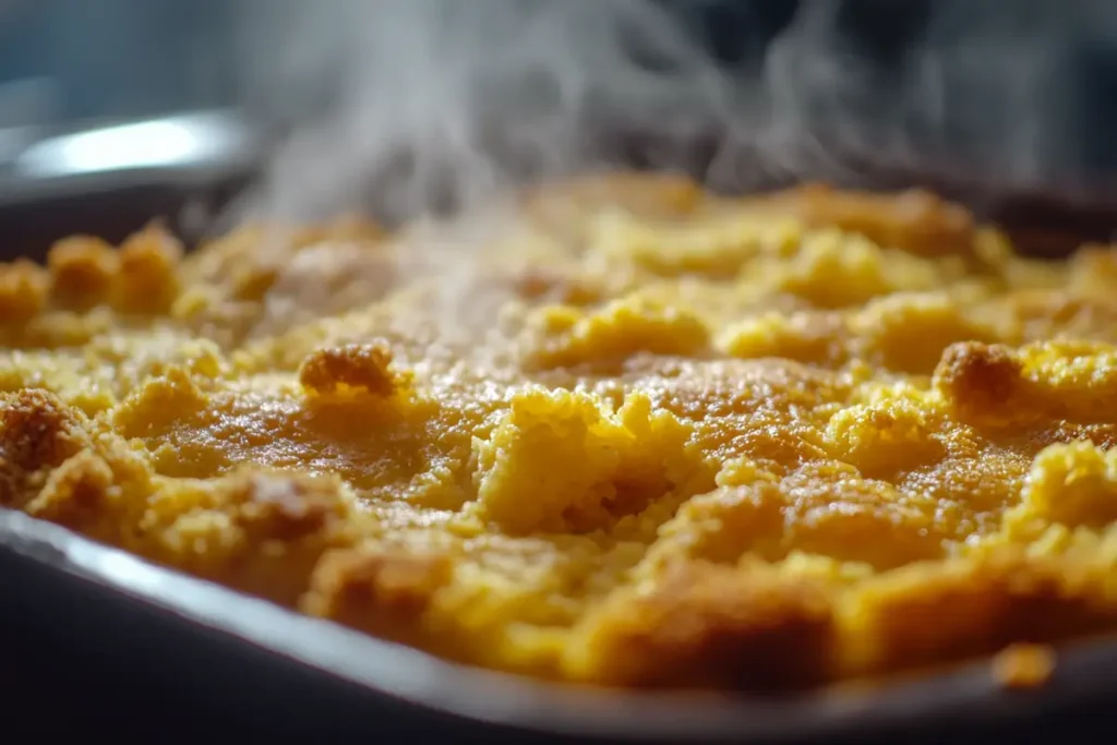 A close-up image of a freshly baked, steaming cornbread casserole.