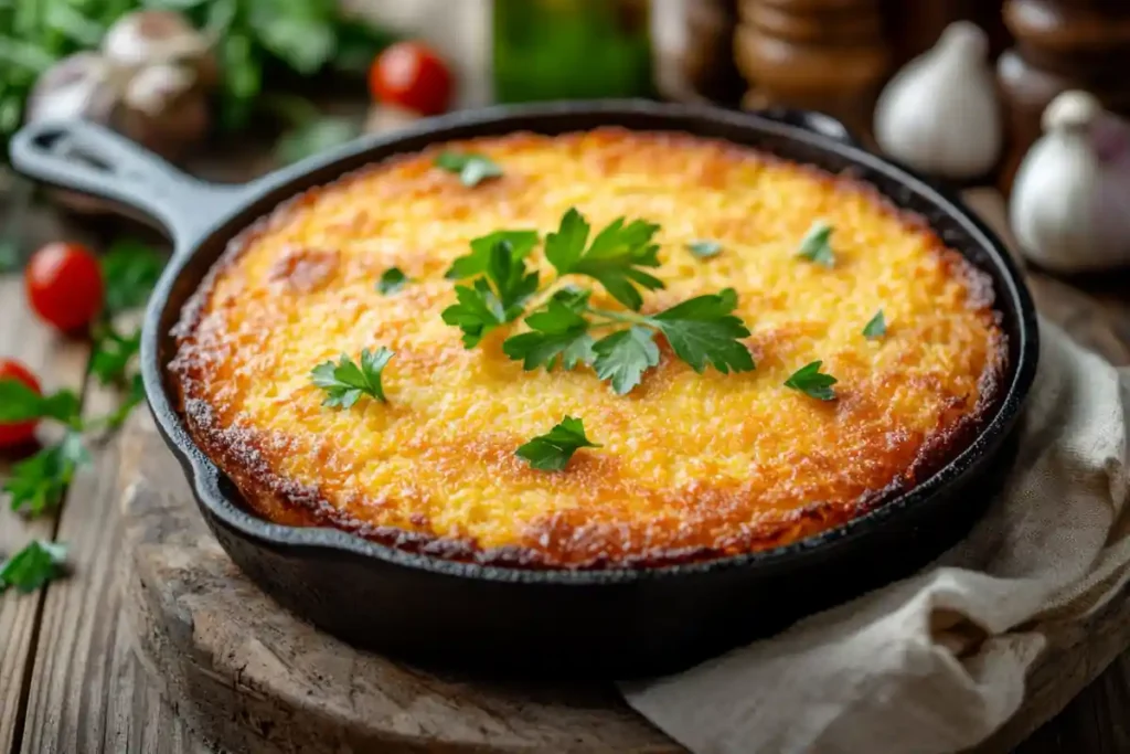 What Is Dressing in the South: A golden-brown rice casserole baked in a cast iron skillet and garnished with parsley.