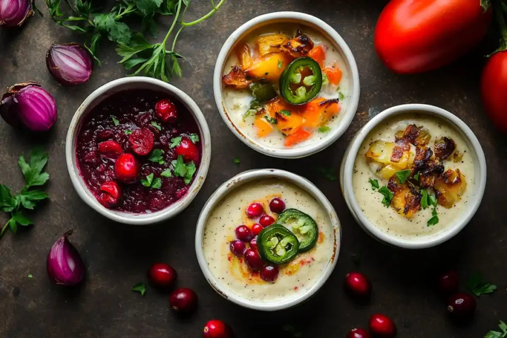 Four small bowls contain colorful, garnished dips or sauces.