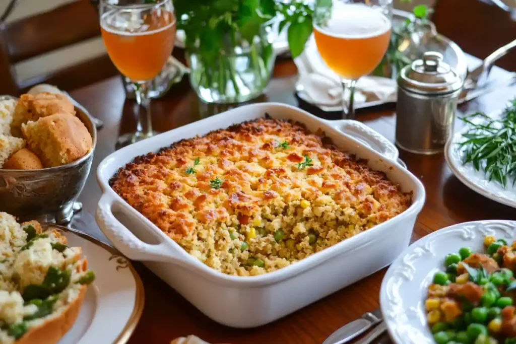 What Is Dressing in the South: A cheesy casserole with corn and peas sits on a table with biscuits, beer, and other side dishes.