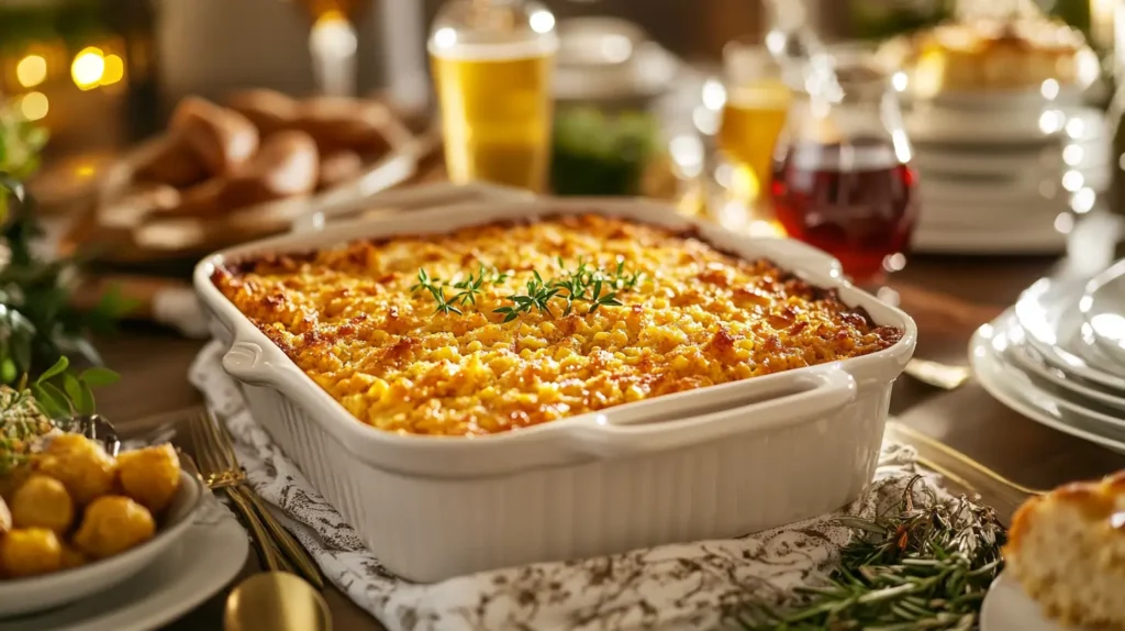 What Is Dressing in the South: A white ceramic baking dish filled with corn casserole sits on a holiday table.