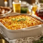 What Is Dressing in the South: A white ceramic baking dish filled with corn casserole sits on a holiday table.