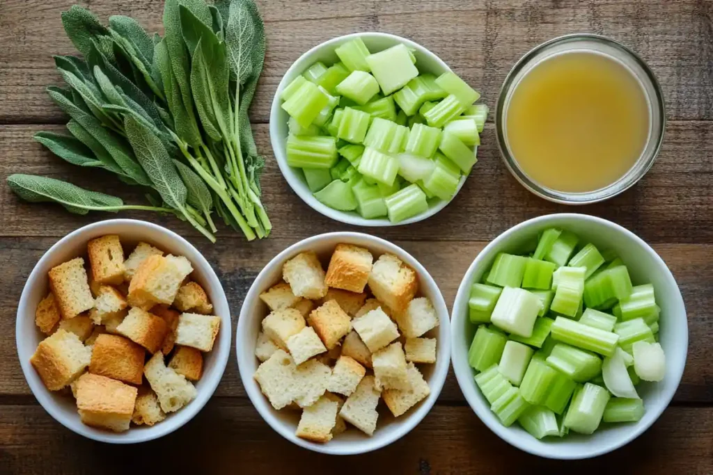 Bowls of stuffing ingredients including celery, sage, bread cubes, and broth sit on a wooden table.