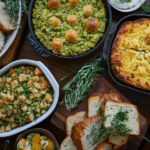 A flatlay image of a Thanksgiving or holiday feast with various side dishes and bread.