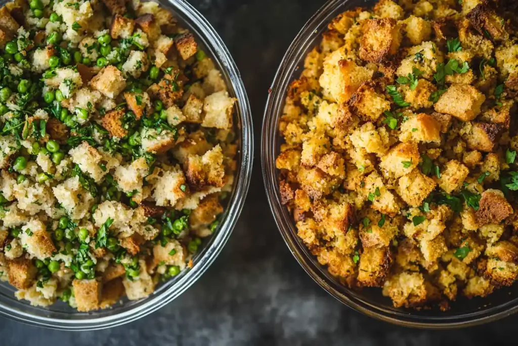 Two glass bowls of stuffing, one with peas and herbs and the other plain, are seen from above.