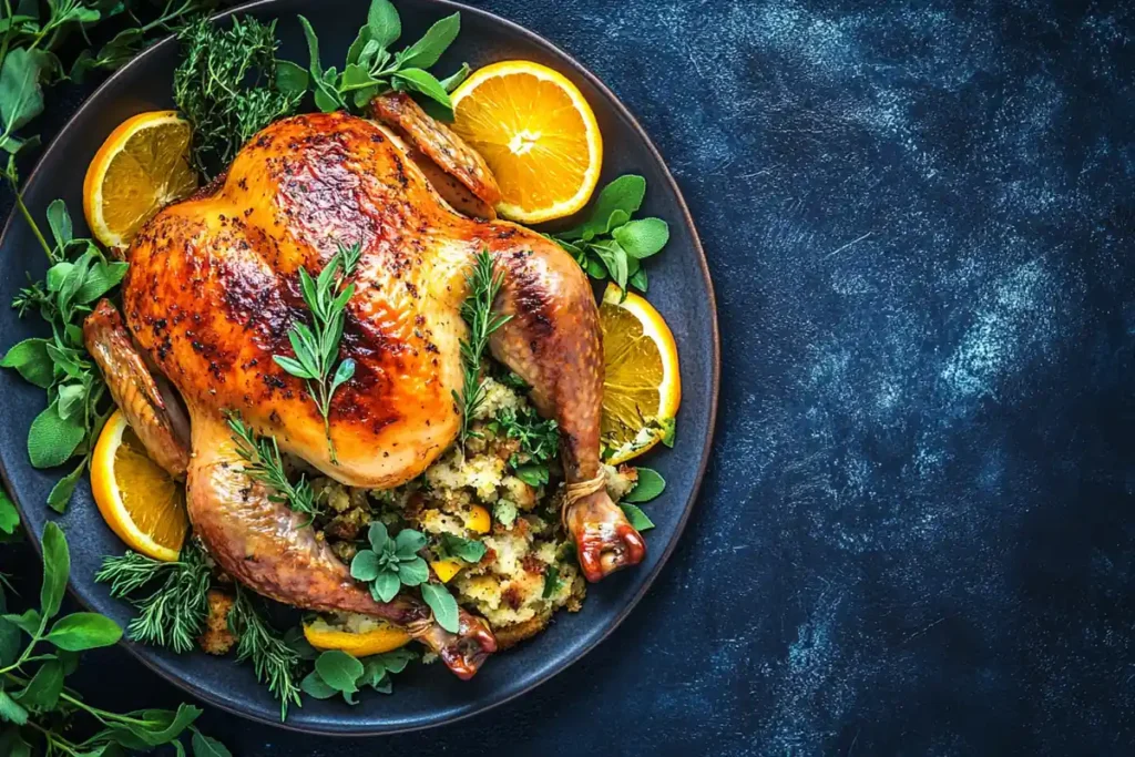 Roasted chicken is served on a platter with orange slices, herbs, and stuffing.