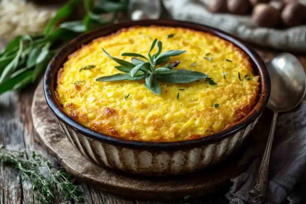 A baked corn pudding or casserole dish is topped with fresh herbs.