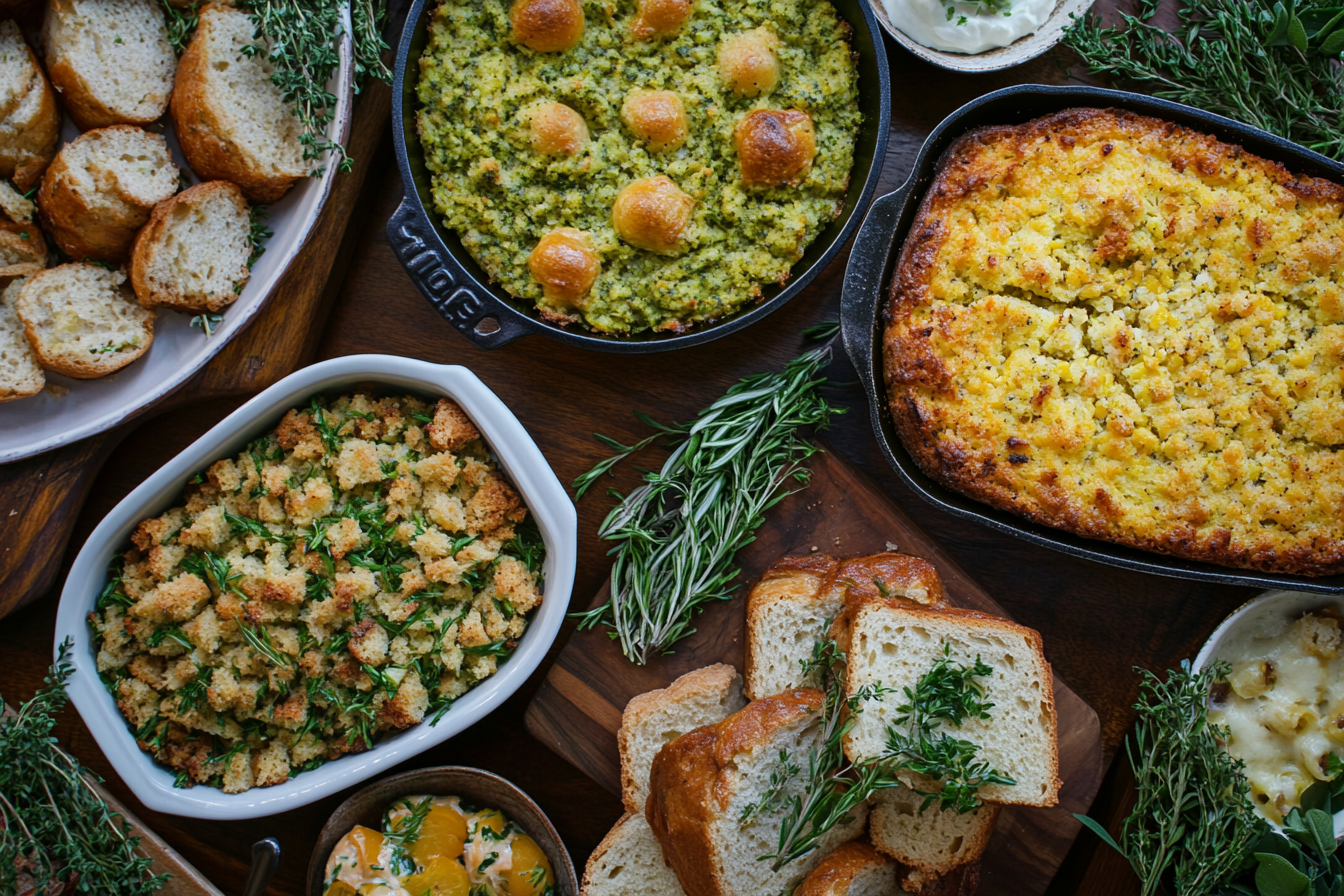 A flatlay image of a Thanksgiving or holiday feast with various side dishes and bread.