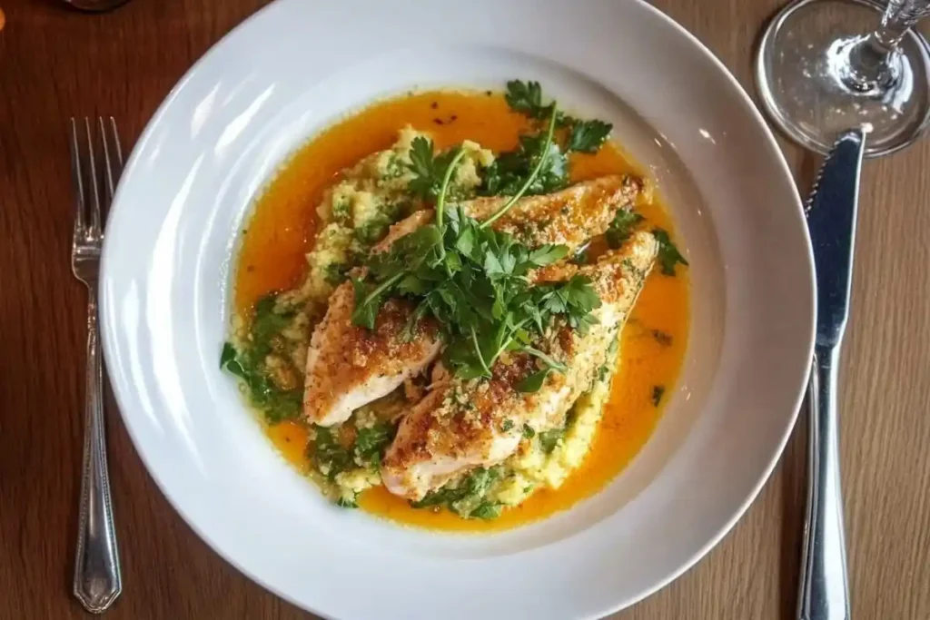 Two breaded chicken breasts are served atop creamy polenta and drizzled with a vibrant orange sauce, garnished with fresh parsley.