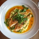 Two breaded chicken breasts are served atop creamy polenta and drizzled with a vibrant orange sauce, garnished with fresh parsley.